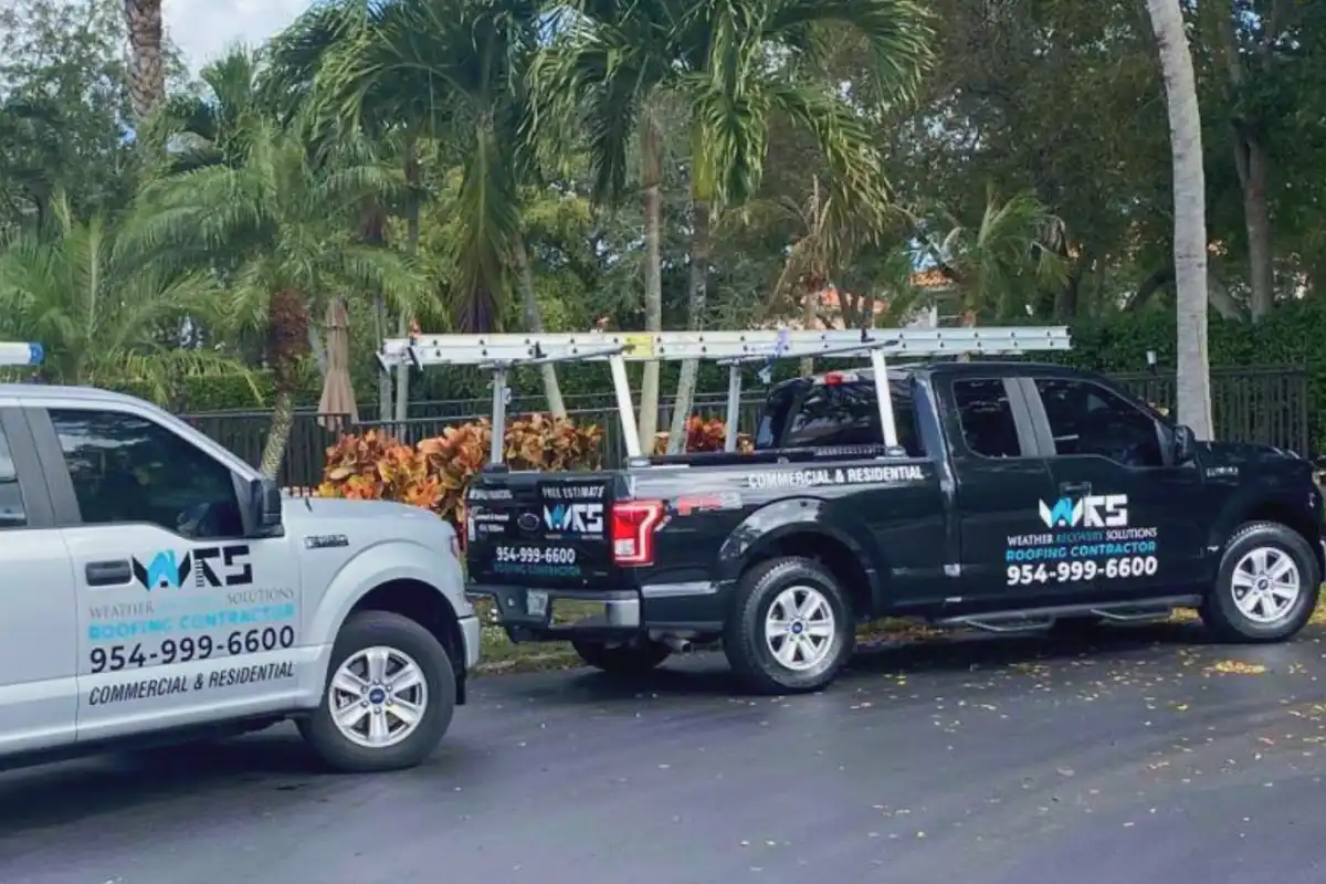 Weather Recovery Solutions service truck equipped for emergency roof tarping and inspections in South Florida.